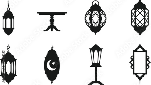 Collection of various lanterns and lamp silhouettes isolated on transparent background