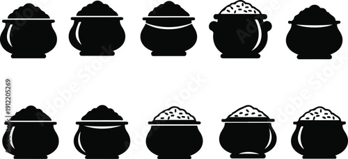 Set of black silhouette cauldrons with lids on white background, vector graphics