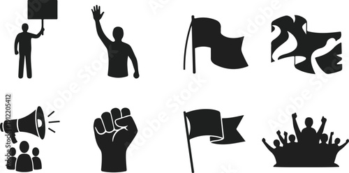 Black silhouettes of protest and activism icons isolated on transparent background