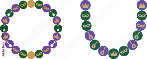 Mardi Gras beads with masks crowns and musical instruments