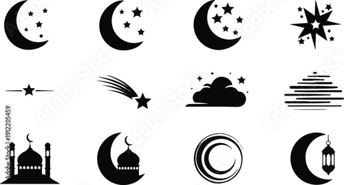 Vector set of black Islamic and celestial icons including crescent moons, stars, clouds, and mosque silhouettes isolated on transparent background