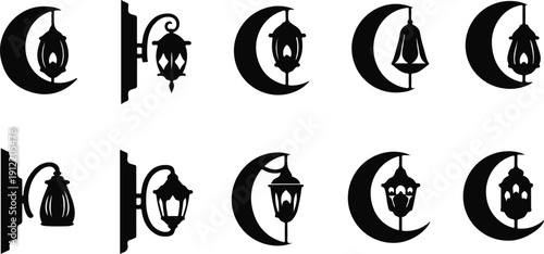 Set of black vector lantern icons with crescent moon shapes isolated on transparent background