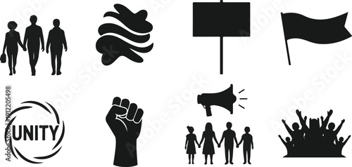 Black silhouettes of people protesting with signs and fists isolated on transparent background