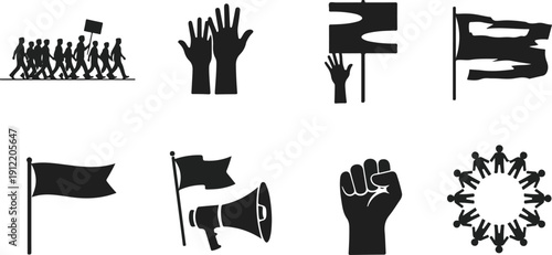 Black vector protest icons including raised fists, flags, and megaphone isolated on transparent background