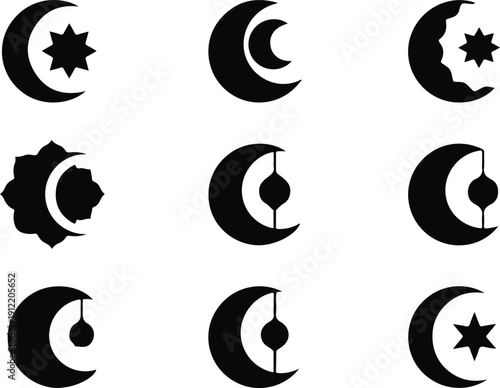Set of black crescent moon and star symbols in various orientations isolated on transparent background