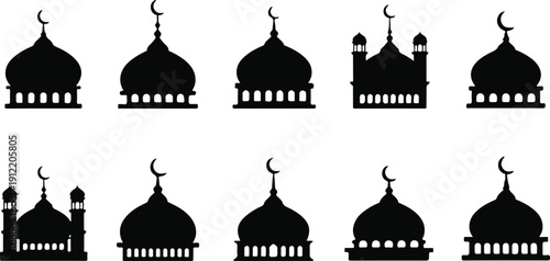 Set of black mosque silhouettes with crescent moons on transparent background