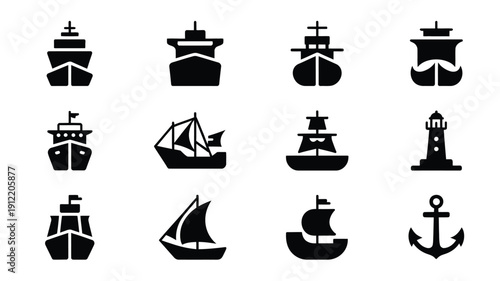 Maritime silhouettes bundle ships boats and lighthouses in black on white background for nautical designs