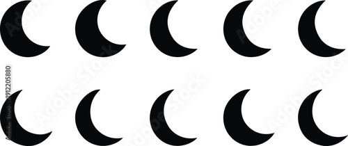 Set of black crescent moon shapes isolated on transparent background