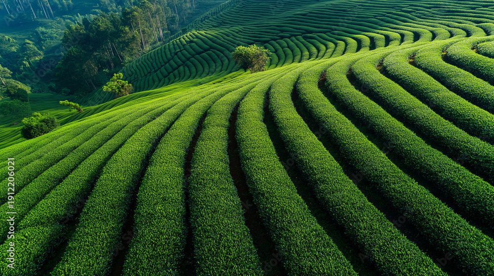Fototapeta premium A lush tea plantation scene representing agriculture, sustainability, and scenic rural landscapes.