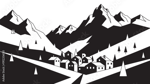 Snowy Alpine Village Nestled Between Mountains and Hills with a Quiet Road.