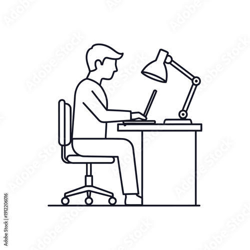 Individual works at a stationary desk using a modern portable computer under the bright light of an articulated desk lamp.