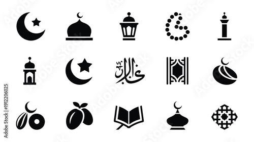 Islamic logo bundle featuring crescent moon stars mosques lanterns arabic calligraphy and geometric patterns on white background