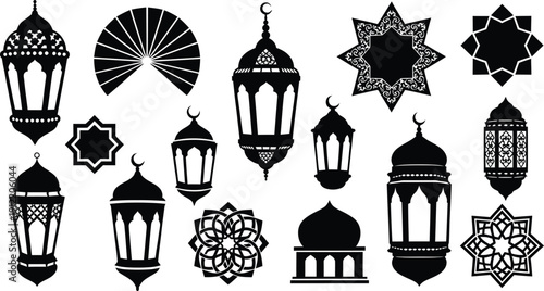 Black Silhouette Islamic Lanterns and Geometric Patterns Vector Illustration Set for Ramadan and Eid Decoration