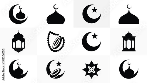 Ramadan kareem icons set with crescent moon lanterns and stars on white background for islamic holidays