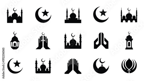 Islamic symbols and mosque icons set with crescent moon stars and praying hands on white background