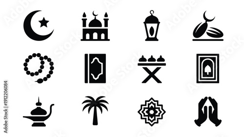 Ramadan kareem minimalist vector icon set featuring crescent moon mosque lantern and islamic symbols on white background