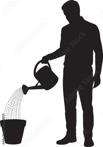 Gardener watering plant in pot with watering can, isolated vector black silhouette