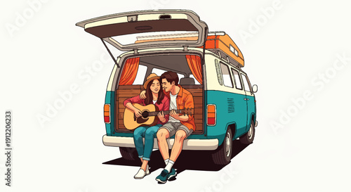 Young couple enjoying a romantic moment in their vintage camper van.