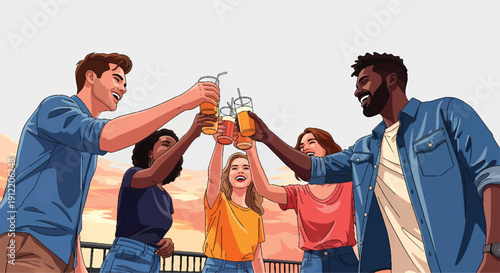 Diverse group of friends toasting with drinks celebrating together.