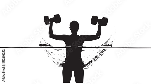 A silhouette of a person lifting dumbbells in a dynamic pose against a plain background viewed from behind with motion lines