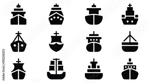 Maritime silhouette icons set 12 black ship and boat graphics for nautical design