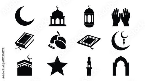 Ramadan kareem islamic silhouette icons set crescent moon mosque lantern prayer quran dates star arch symbolizing fasting faith and spirituality