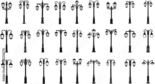 Collection of vintage street lamp post silhouette icons set vector illustration for urban design and architecture projects