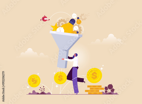 Artificial intelligence collecting and filtering business ideas to make money, using creativity to develop organizations, businessman and robot using the filter of lightbulb ideas to make money