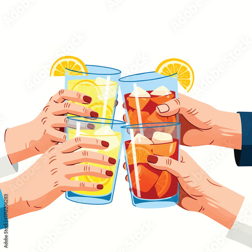 Four hands toasting with refreshing beverages celebrating a special occasion.