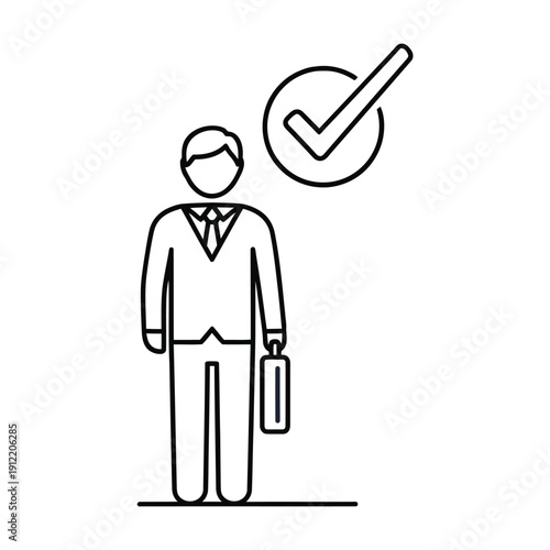 A businessman icon in a suit stands next to a large circular checkmark indicating verification, approval, or successful task completion.