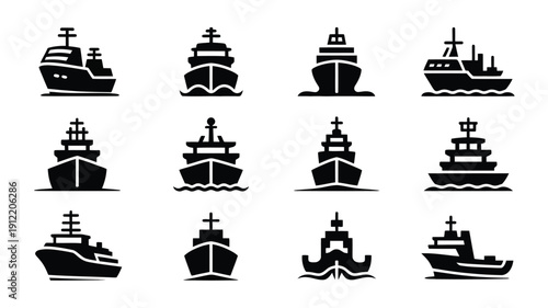 Twelve black silhouette ships and boats on water maritime icons set various designs and styles