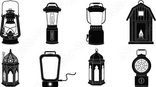 Lanterns set vector illustration. Black and white silhouette icons collection of various types of lanterns for camping and decoration.