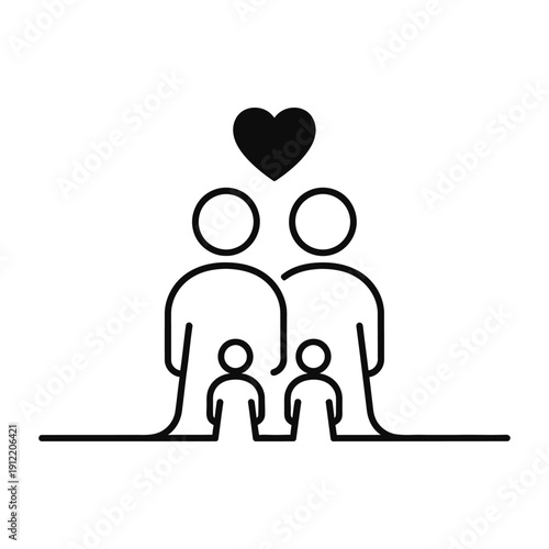 Stylized outline drawing depicts a loving family unit composed of two adults and two children standing together under a heart symbol.