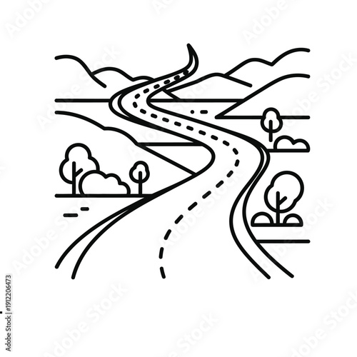 Winding, scenic road illustration travels through rolling hills and stylized trees under an open sky.