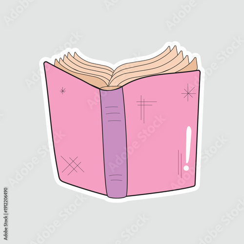 Pink open book vector sticker with stars. Suitable for fantasy, storytelling, magic, or children's literature-themed creative designs