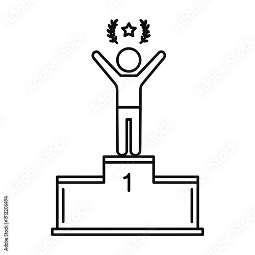 A stick figure person celebrates victory standing on the number one spot of a winner's podium with a laurel wreath and star above.
