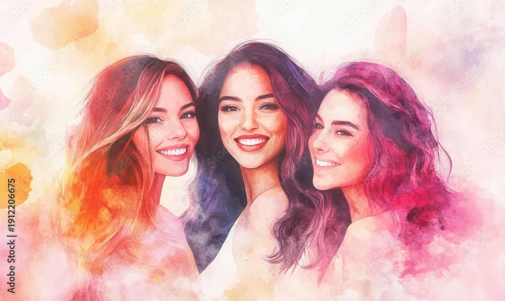 Obraz premium Three women's faces in creative watercolor artwork expressing femininity, beauty, and unique style colors vibrant