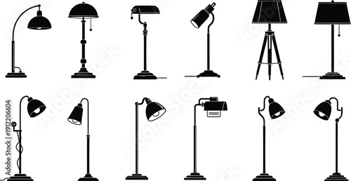 Floor Lamp Silhouettes Set Vector Illustration. Collection of various standing lamps for home interior design icons.