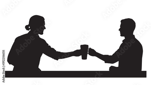 Two people toasting together, clinking mugs in a friendly gesture, sitting across from each other at a table, silhouetted against a plain background, viewed from the side