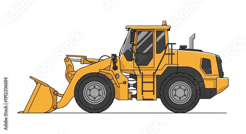 Detailed illustration of a yellow front-end loader, a powerful heavy construction vehicle designed for moving earth and materials efficiently on building sites
