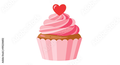 Charming vector illustration of a beautifully frosted pink cupcake topped with a bright red heart, symbolizing love and sweetness, ideal for celebrations and delightful treats