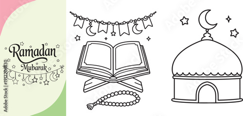 Holy Quran Book on Rehal with Tasbih and Mosque Silhouette Coloring Page