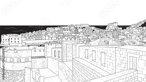 Monochrome city rooftops and skyline viewed from above, architectural panorama.