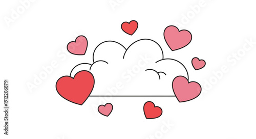 A whimsical cloud surrounded by floating hearts illustration from a front viewpoint, conveying love and affection.