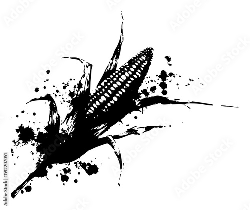 Detailed corn on the cob vegetable illustration with creative ink spatter elements