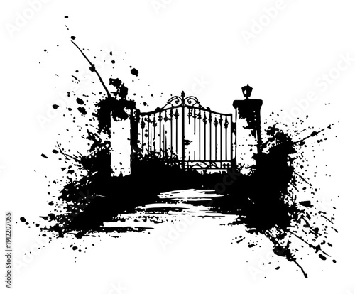 Vintage ornate iron gates with decorative pillars and artistic ink splash effects
