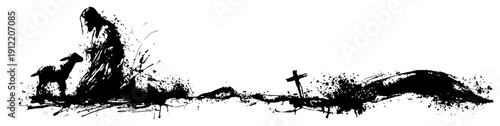 Spiritual silhouette landscape with a person kneeling near a cross and ink splashes
