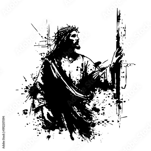 Expressive portrait of Jesus Christ in a grunge ink splash artistic style