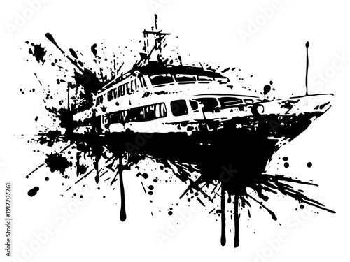Majestic cruise ship silhouette with expressive ink splash and artistic grunge textures