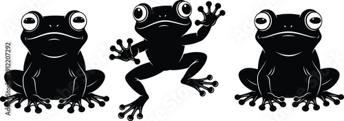 Cartoon frog illustration set, stylized amphibian artwork, sitting and leaping frog design, large eyes character graphic, playful animal concept